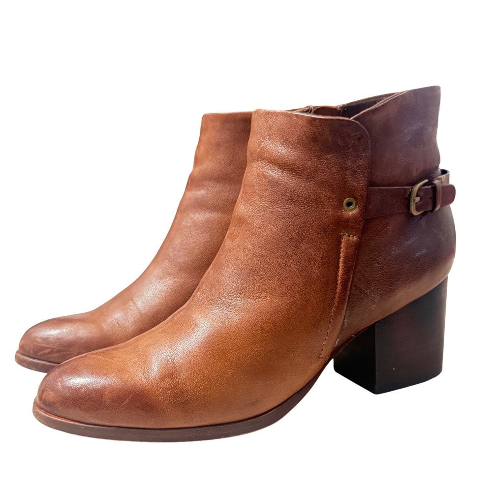 Isola Leather Ankle Boots Womens 8.5 Cognac Brown Block Heel Buckle Zip